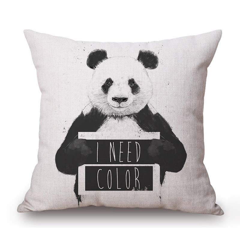 Nordic Black White Style Lovely Cute Animals Panda Tiger Lion Dog Cotton Linen Sofa Throw Pillow Case Home Decor Cushion Cover