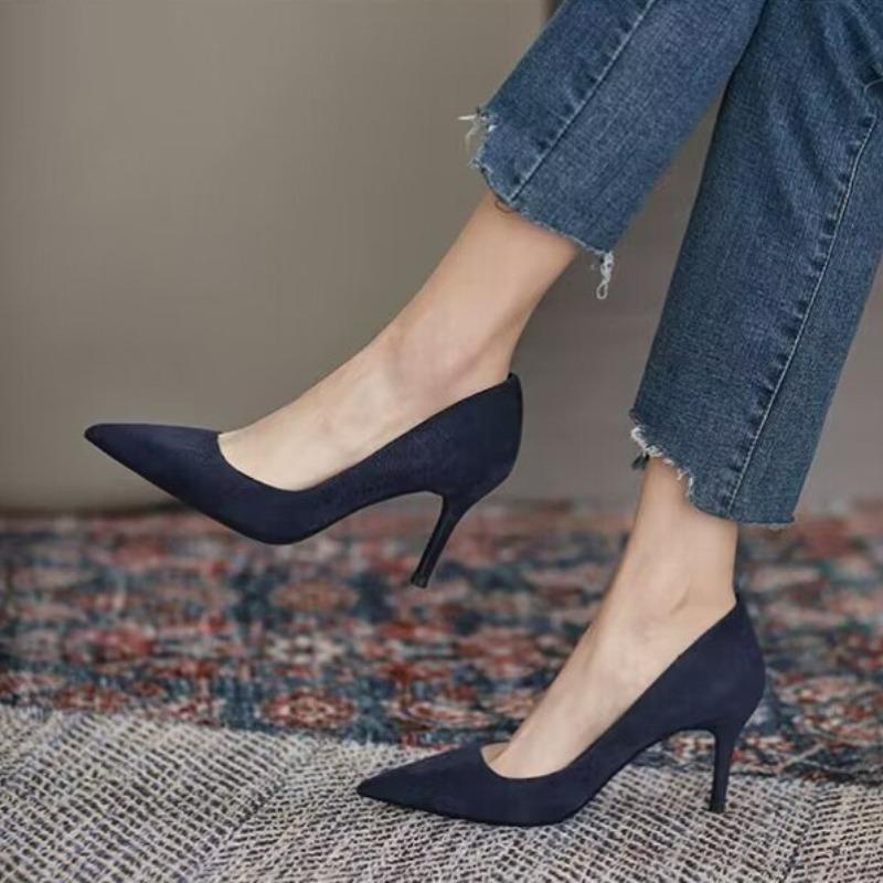 Women High Heel Shoes Sharp Thin Heel High-heeled Pumps Shoes Big Size 42 New Pointed Suede Red Blue Women's Single Shoes