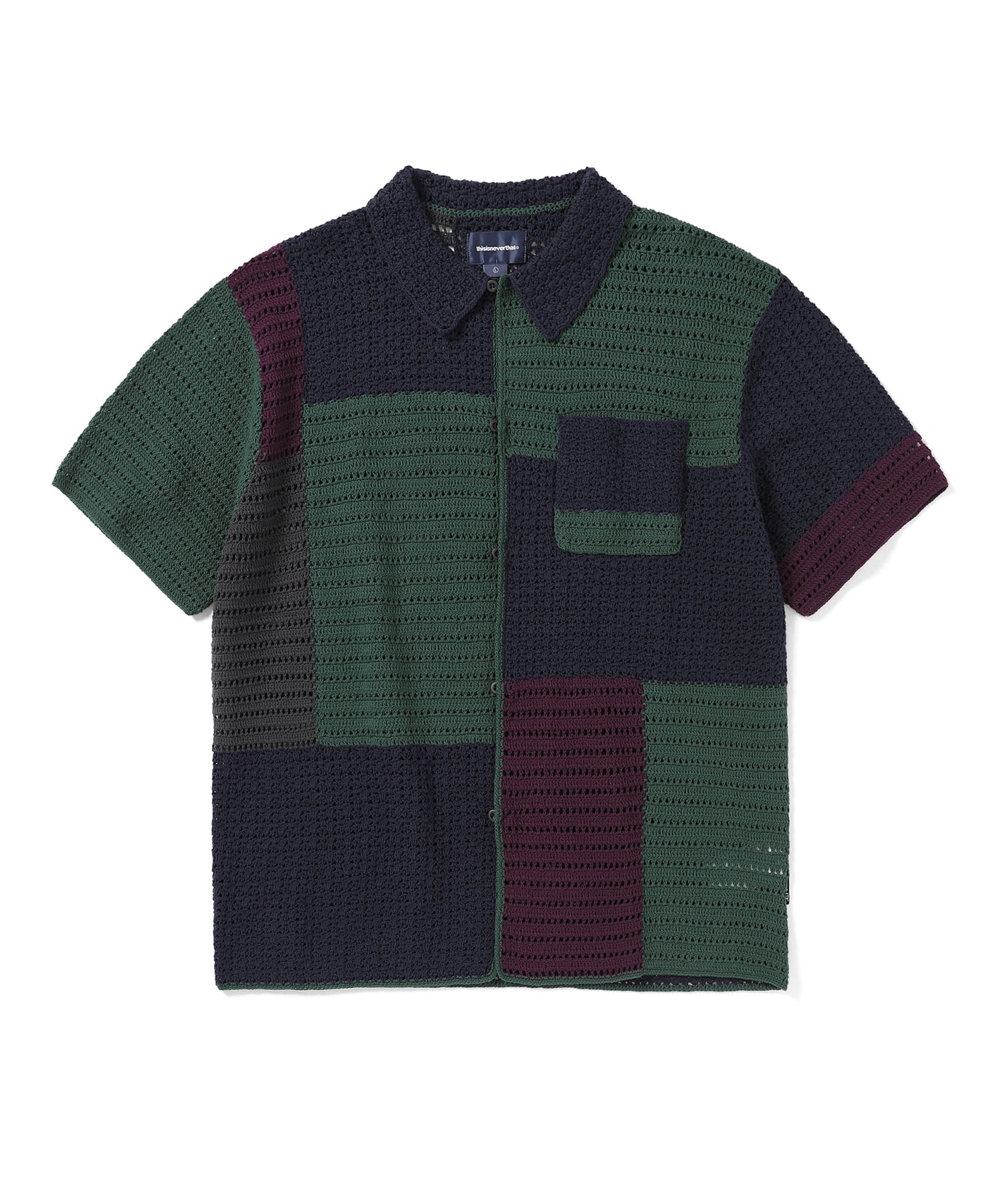 Block Crochet Knit S/S Shirt Navy L