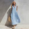 Fashion Urban Blue Plaid Sleeveless Maxi Dress Small Lapel Loose Fit 2026