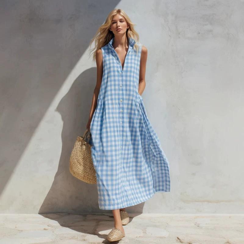 Fashion Urban Blue Plaid Sleeveless Maxi Dress Small Lapel Loose Fit 2026