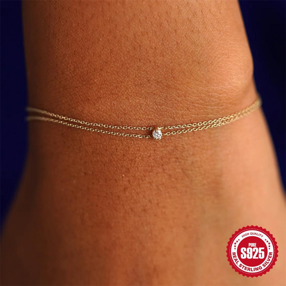 Stylish And Simple S925 Sterling Silver Daily Match Double Chain Diamond-Encrusted Women'S Wedding Bracelet