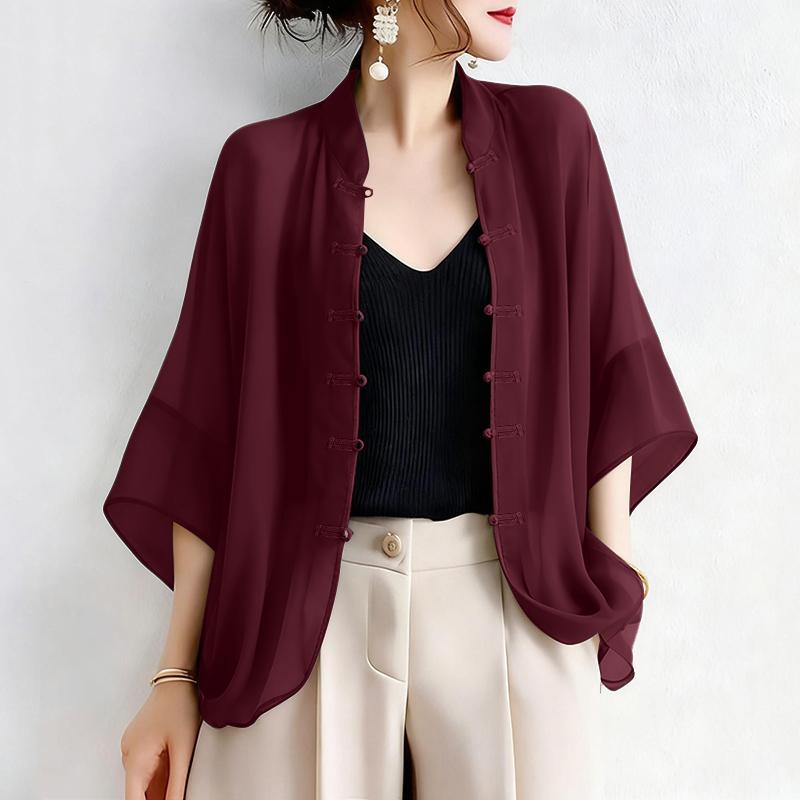 ZANZEA Damen Freizeit Stehkragen Einfarbig 3/4 Ärmel Cover Up Bluse 5XL claret