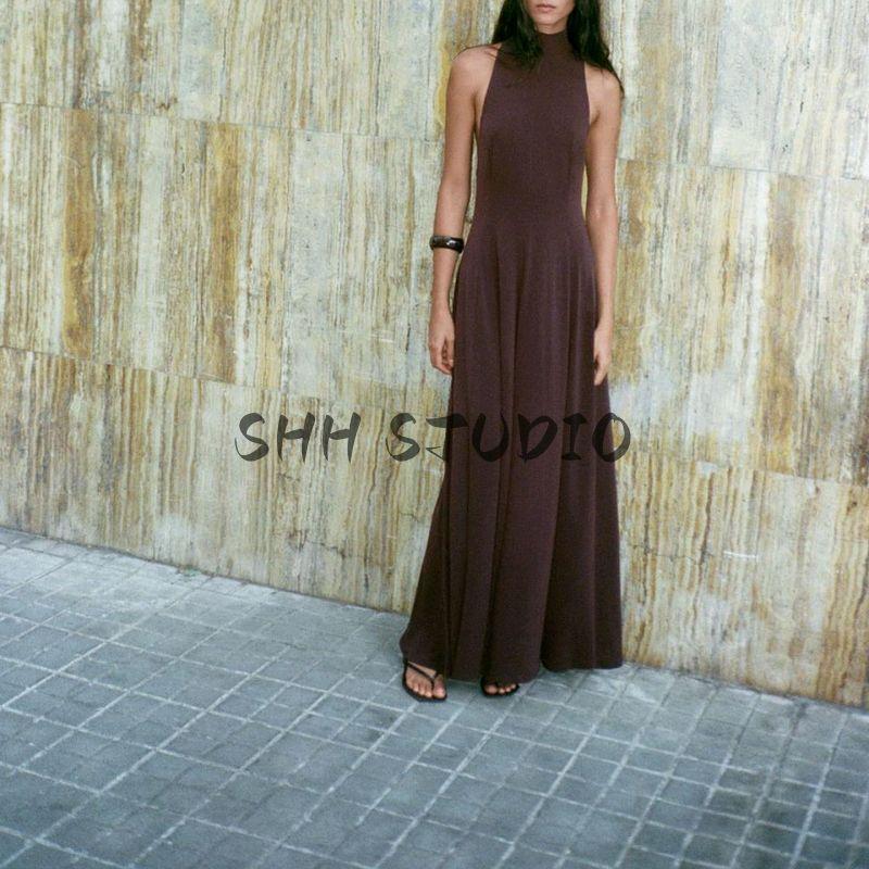 Autumn New Women's Clothing Seaside Vacation Style Minimalist Sleeveless Open Back Hanging Collar Length Dress 5063253