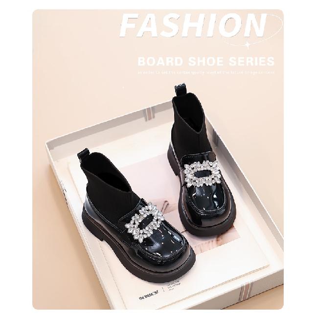 Girls' sock boots2026Spring and Autumn New Princess Martin Boots Children's Leather Shoes Girls' Soft Sole Short Boots Black