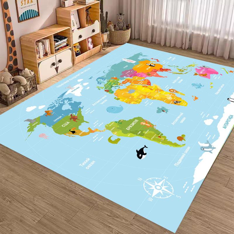 Cartoon Weltkarte Teppich Kinderzimmer Spielmatte Pädagogischer Geografie-Teppich Kinderspielbereich Heimdekoration Blaues Ozean-Thema