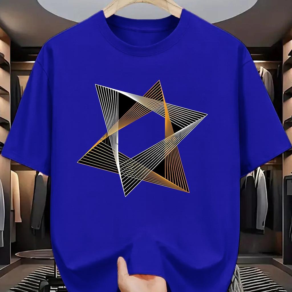 Geometric Star Print Mens Cotton TShirt Casual Short Sleeve Breathable Crew Neck Graphic Tee