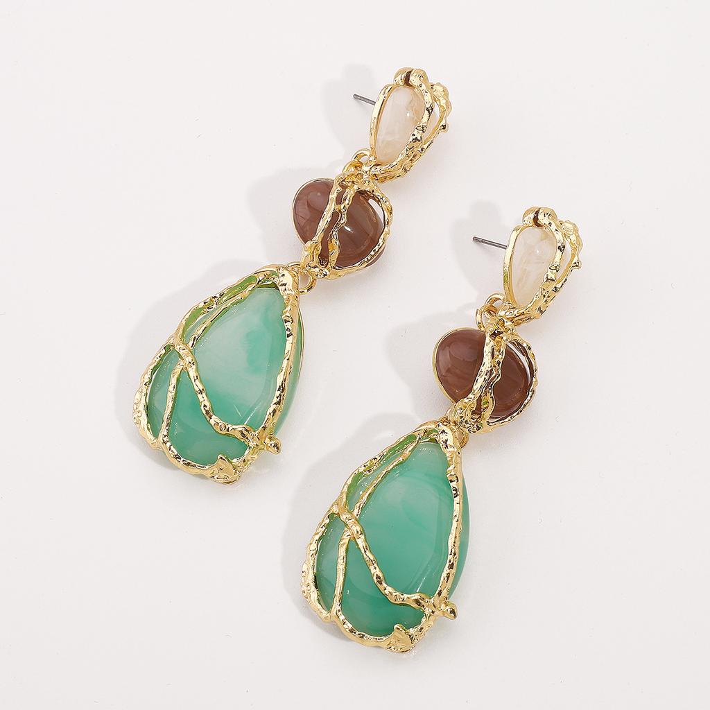Women Fashion Handmade Weave Metal String Bag Green Natural Stone Dangle Earrings White Resin Waterdrop Earring Gothic Jewelry