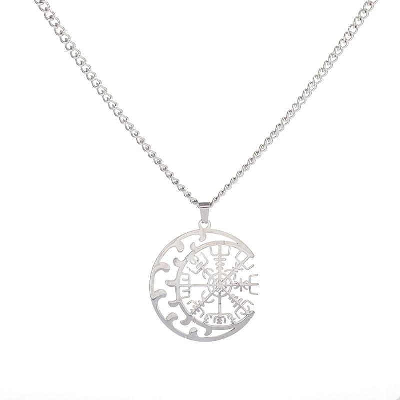 Stainless Steel Silver Moon Compass Hollow Pendant for Men and Women Unique Necklace
