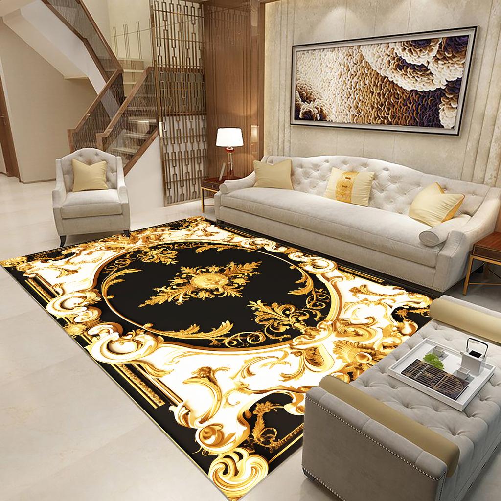 Goldener Schwarzer Teppich für Wohnzimmer Luxus Große Fläche Dekoration Bodenmatte Moderne Teppiche Rutschfest Weich Waschbar Schlafzimmer Lounge Teppich