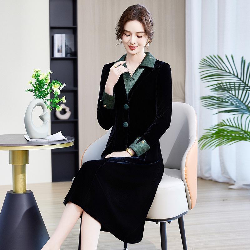 Spring V-Neck Gold Velvet Long Sleeve Dress for Middle-Aged and Elderly Women