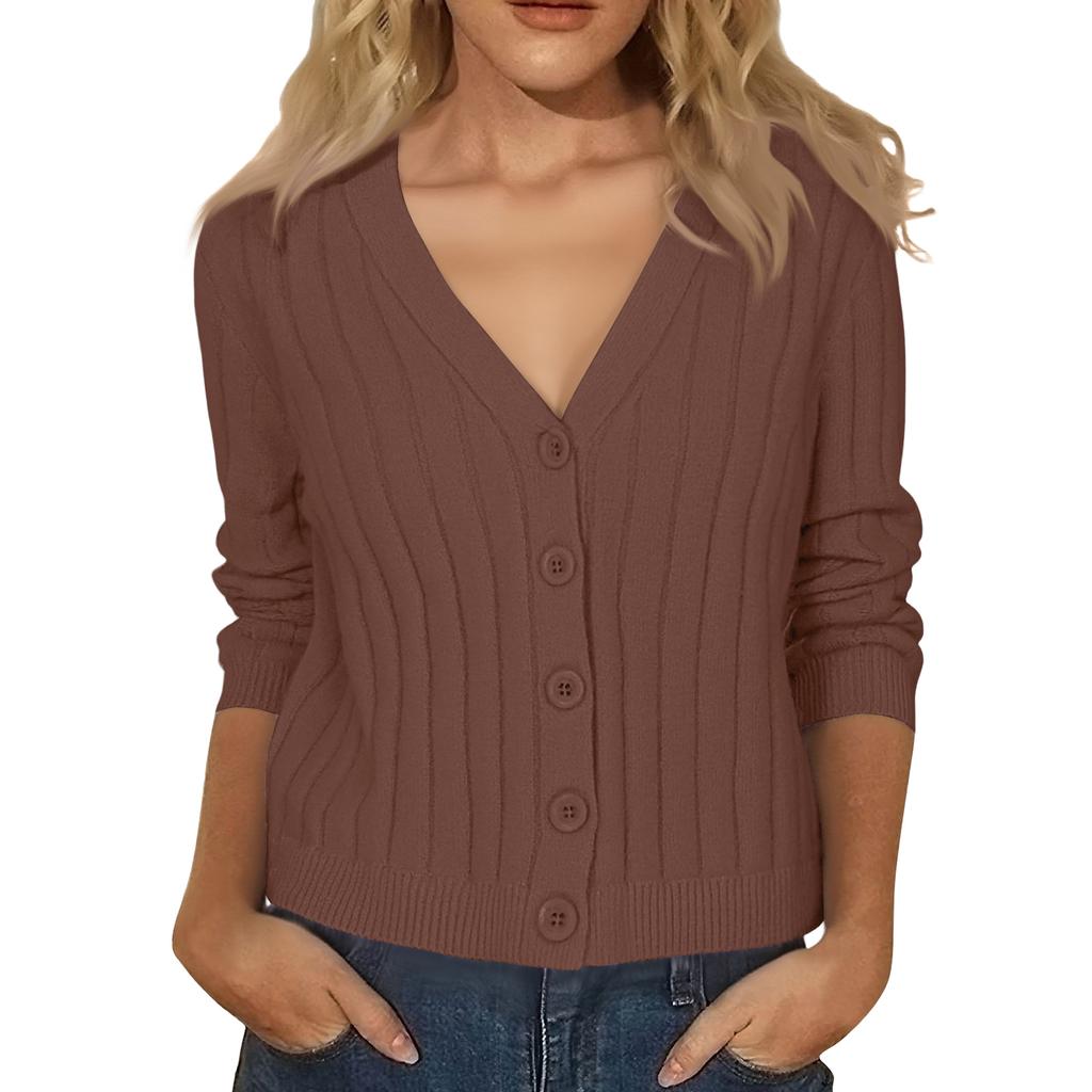 Women's Fashion Long-Sleeve V-Neck Lightweight Knit Sweater Solid Color Outerwear Top
