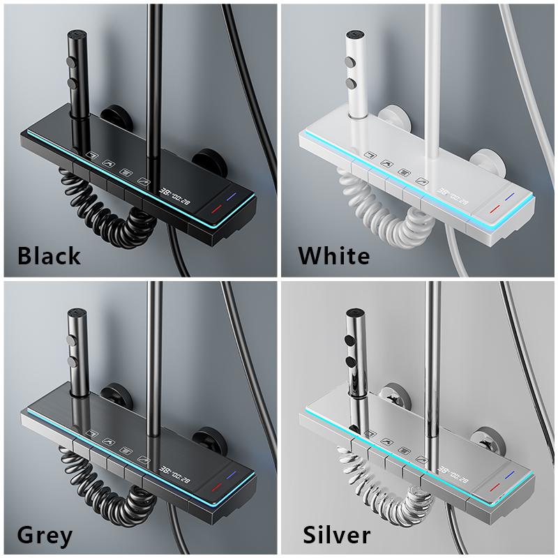 Moderne Badezimmer Duschsystem Set Glaspaneel Badewanne Regen LED Anzeige Regendusche Mischbatterie Thermostatarmatur mit Licht