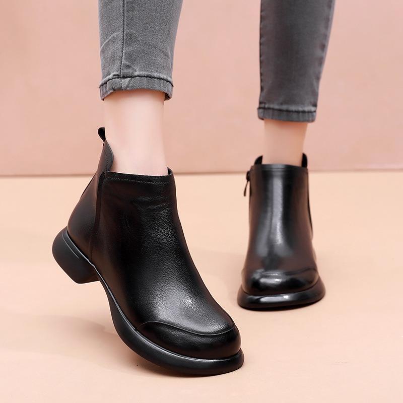 Low-heeled Martin Boots Women's First-layer Cowhide Comfortable Soft-soled Women's Short Boots Flat-soled Boots Women's Velvet Cotton Boots