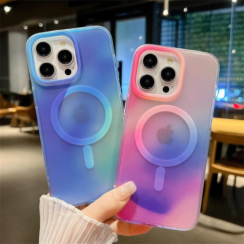 Aurora Gradient Matte Magnetic Case For iPhone 16 15 14 Pro Max 16 Plus 13 Laser Colorful Rainbow for Magsafe Shockproof Cover