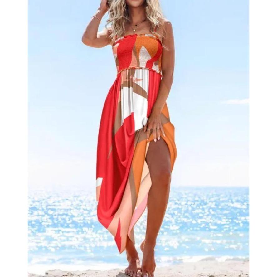 YYFS Dámská móda Léto Jaro Barevný blokový potisk Bez rukávů Ramínka Vysoký pas Ležérní šaty