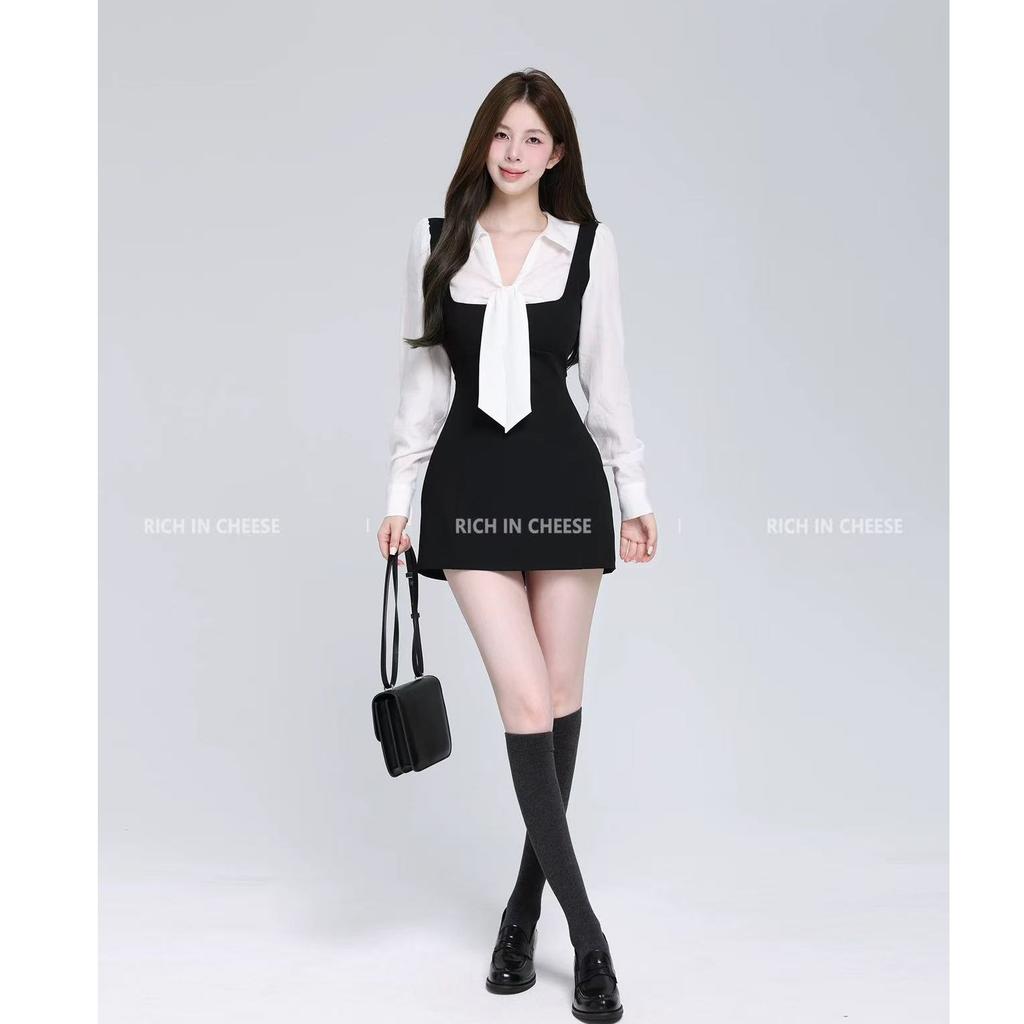 Large size fat MM fake two-piece long-sleeved dress women's autumn college style waist and thin age-reducing shirt skirt short skirt