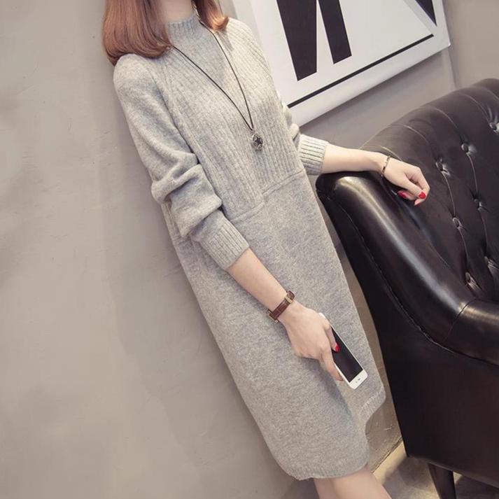 Half Turtleneck Sweater for Women In Autumn and Winter Loose Long-sleeved Mid-length Knitted Dress Solid Color Casual Pullover