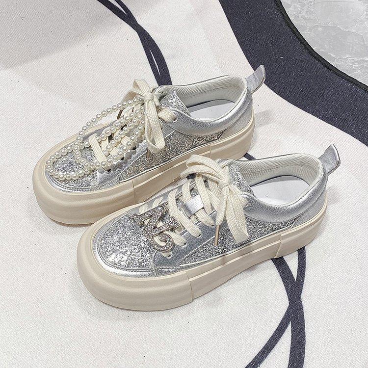 Rhinestone Casual Single Shoes Women's 2025 New Thick-soled Flash Diamonds Old Dirty Shoes Casual Sports Shoes Children's Shoes Versatile