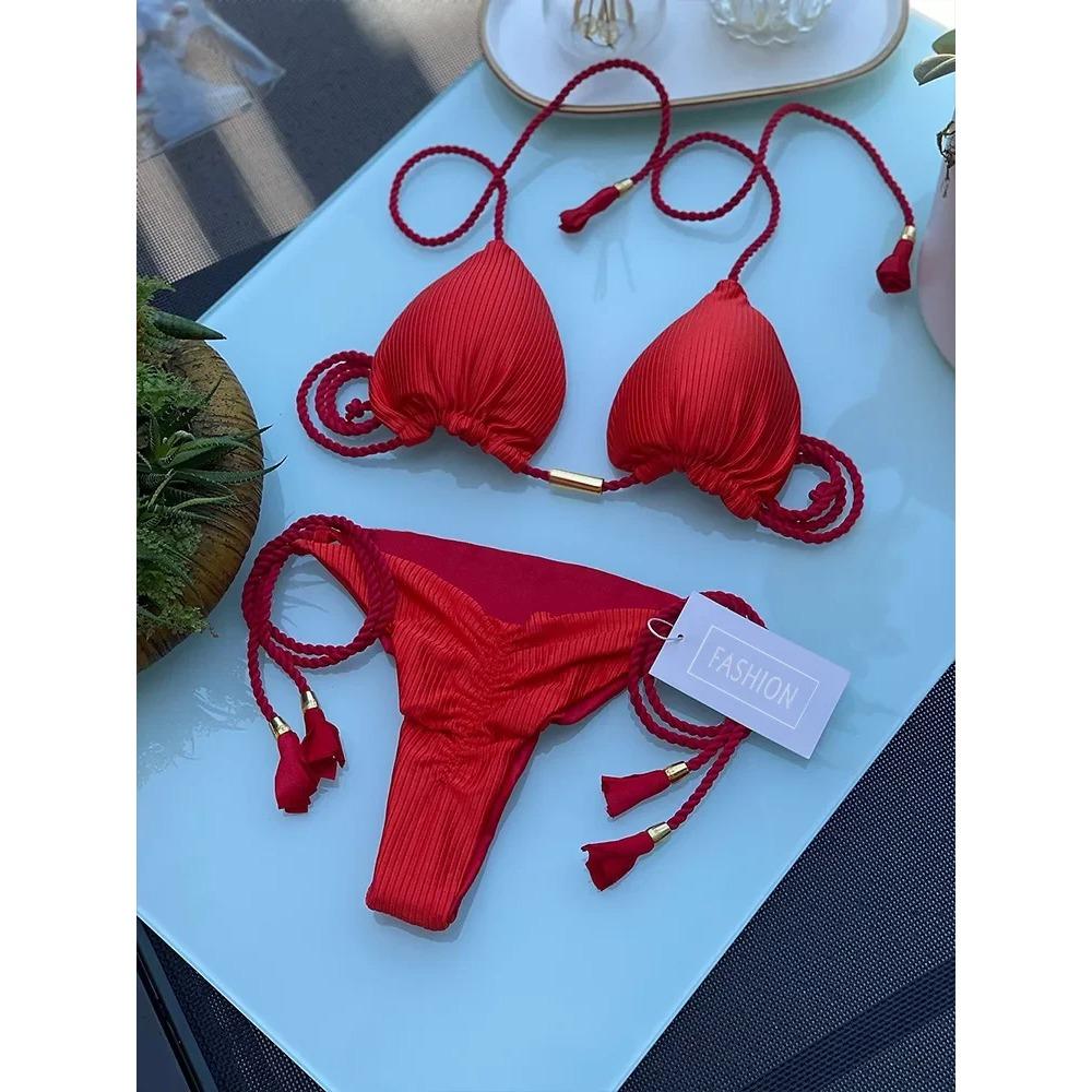 Dámské Bikini Nový Speciální Materiál Jednobarevný Šňůrkový Plavky Vícebarevné