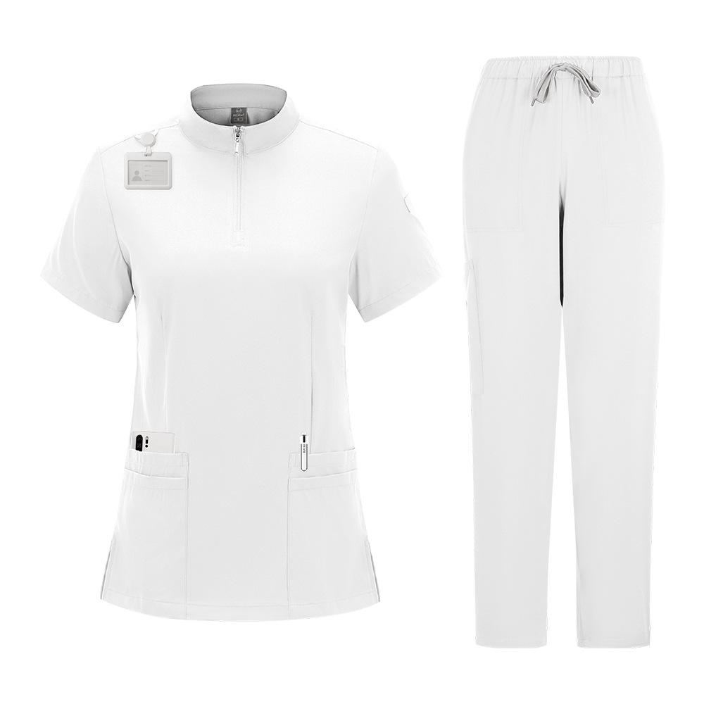 Elastic Zipper Scrub Suit with Stand-up Collar for Medical Professionals