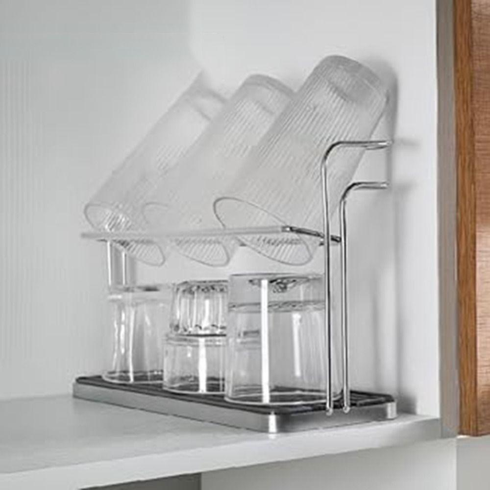 2 Tier Cup Storage Rack with Drain Tray Cup Organizer Household Bottle Drying Rack  Countertop