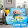 Custom Name Coco-melon Happy Journey Blanket bed sofa Blanket Flannel Blanket for Camping, Hiking, Picnic Essentials,gift for Fan family