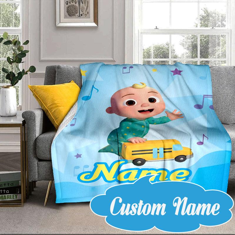 Custom Name Coco-melon Happy Journey Blanket bed sofa Blanket Flannel Blanket for Camping, Hiking, Picnic Essentials,gift for Fan family