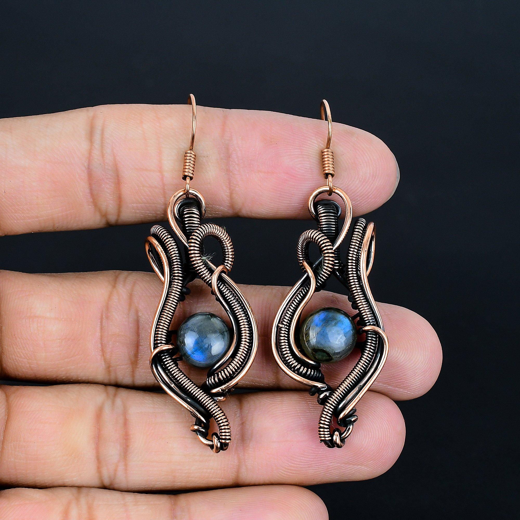 

Лабрадорит 999 Медная проволока Обертка Ювелирные серьги, Серьги с драгоценными камнями ручной работы, Подарки для жены Совершенно новые серьги 2.48 Inches синий