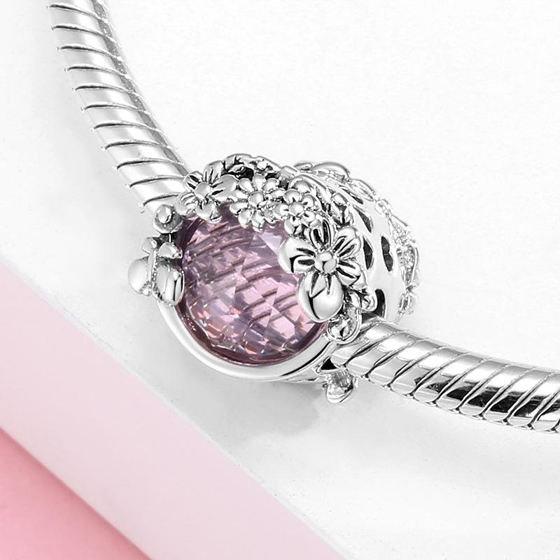 S925 Sterling Silver Diamond Beaded Pink Purple Sparkling Peach Bracelet DIY Accessories Beads