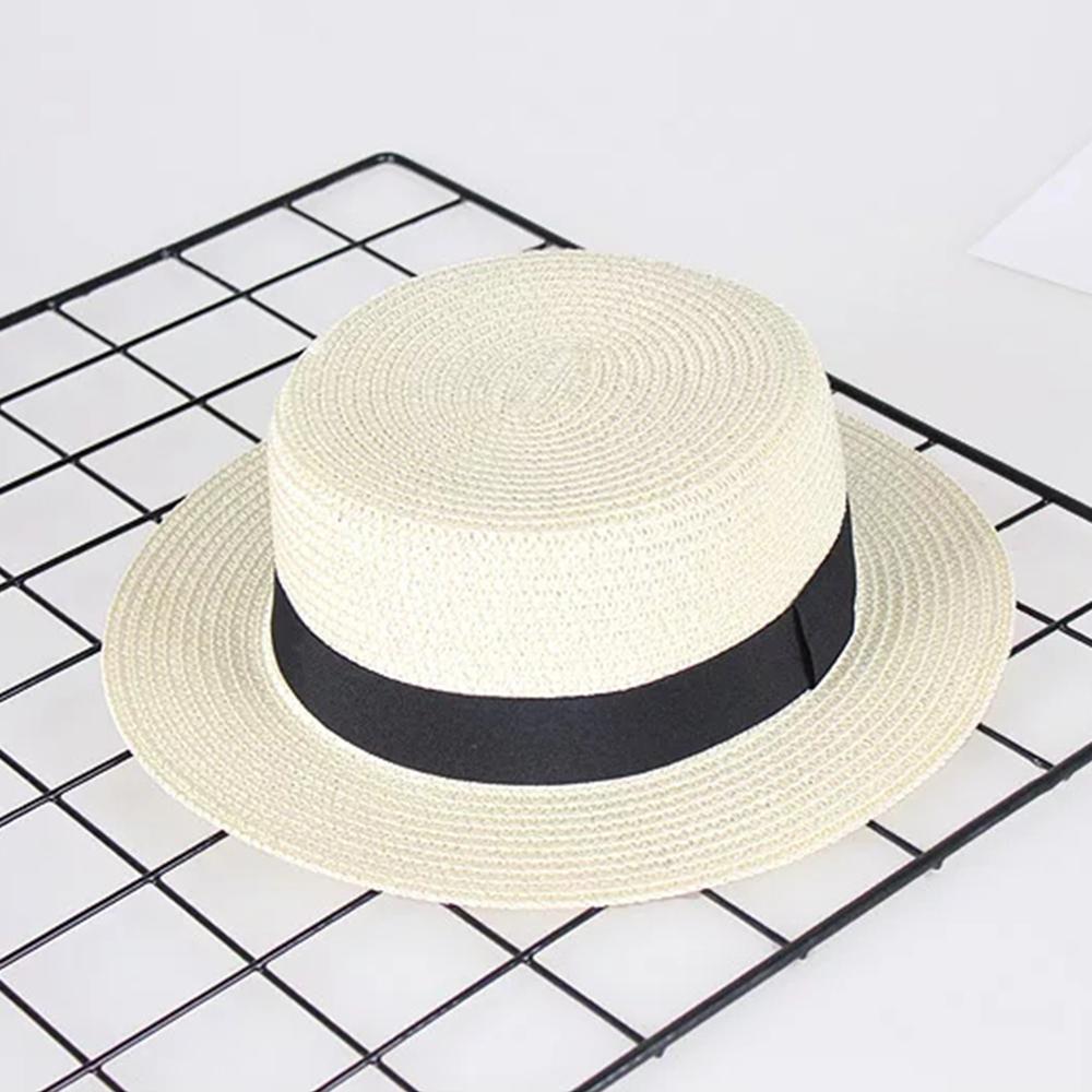 New Women's Hat Ribbon Straw Sun Hat Breathable Large Brim Beach Summer Boater Beach Ribbon Round Flat Top Hat For Women
