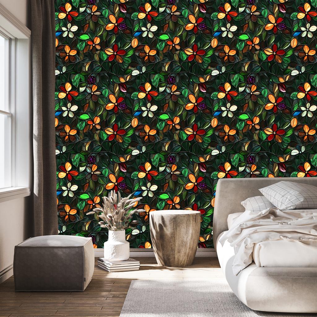 Stained Glass Flowers Wallpaper Bottle Green and Black 50x1000