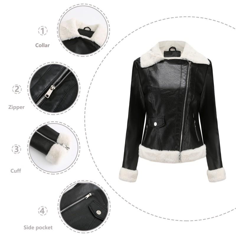 Womens Faux Leather Jacket With Fleece Lining Long Sleeve Turn-Down Collar Outerwear Winter Commute Casual