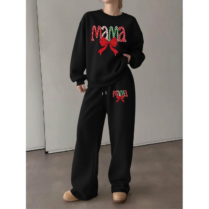 Women's Christmas MAMA Print Sweatshirt & Drawstring Straight-Leg Pants Set with Bowknot – Cozy & Stylish Casual Sportswear