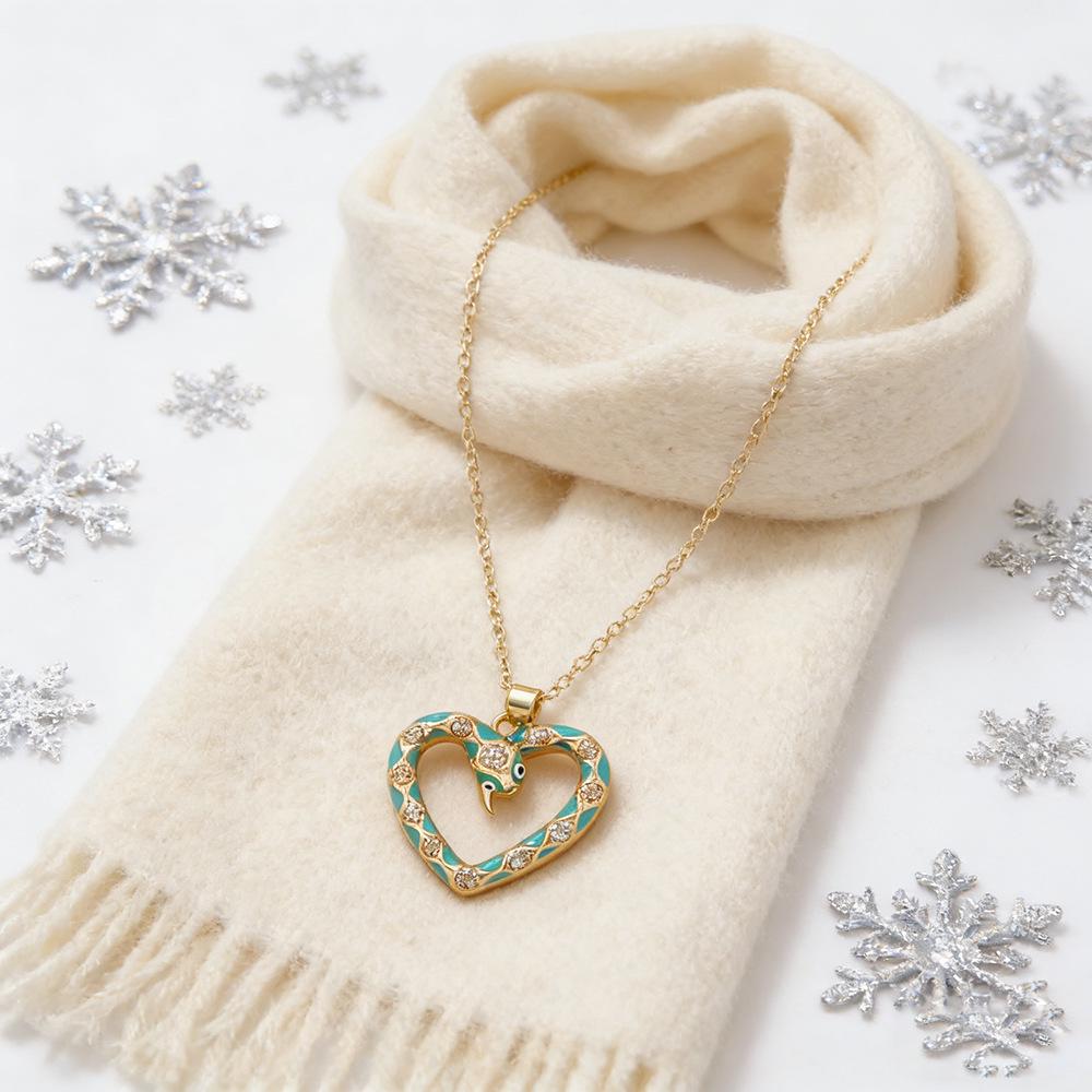 Luxury Copper Snake-Heart Pendant Necklace with Zircon & Glaze