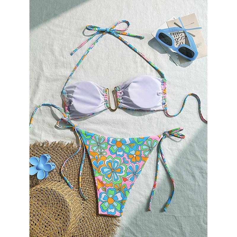 Sexy Halter String Bikini Mini Micro Thong Sexy Swimsuit Women Blue Flower U Shapped Swimwear Bathing Suit Bikinis Sets