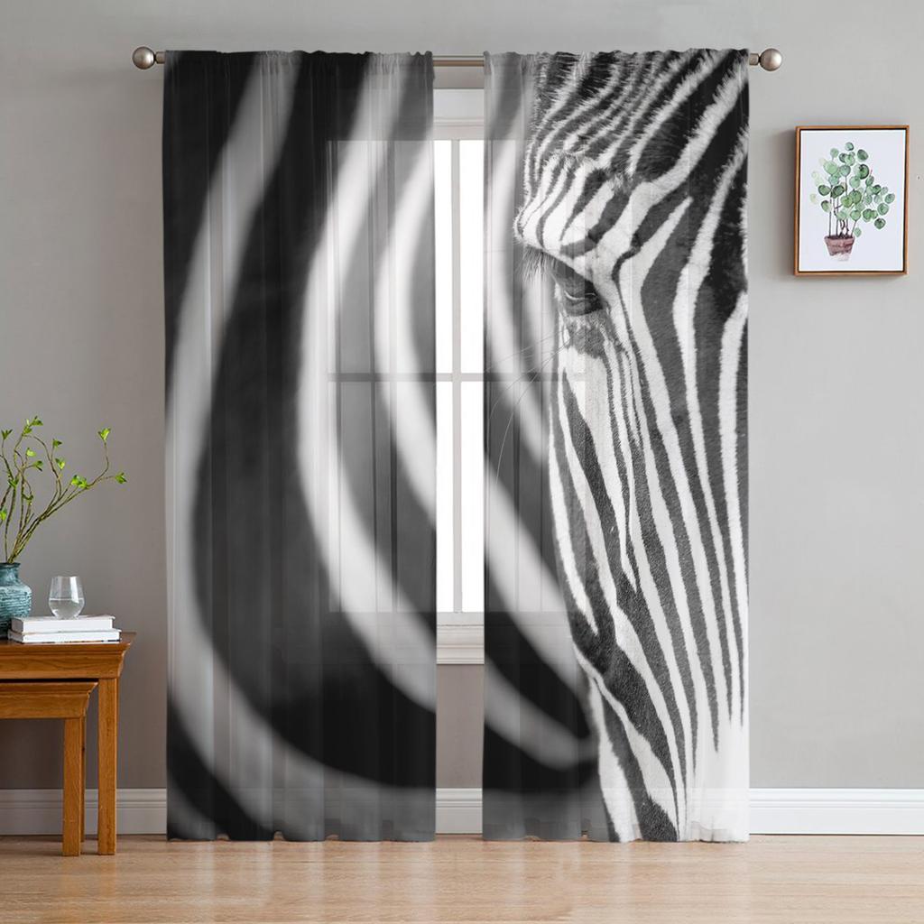 Zebra Svartvita Ränder Närbild Chiffong Skira Gardiner för Vardagsrum Sovrum Dekor Fönster Voile Tyllgardin Draperier