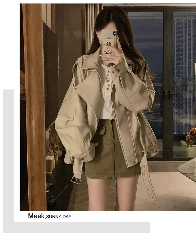 Melanoid Coffee PU Leather Long Sleeve Women's Jacket - 2025 Winter Collection, Versatile, Trendy, Loose Fit, Slimming Design