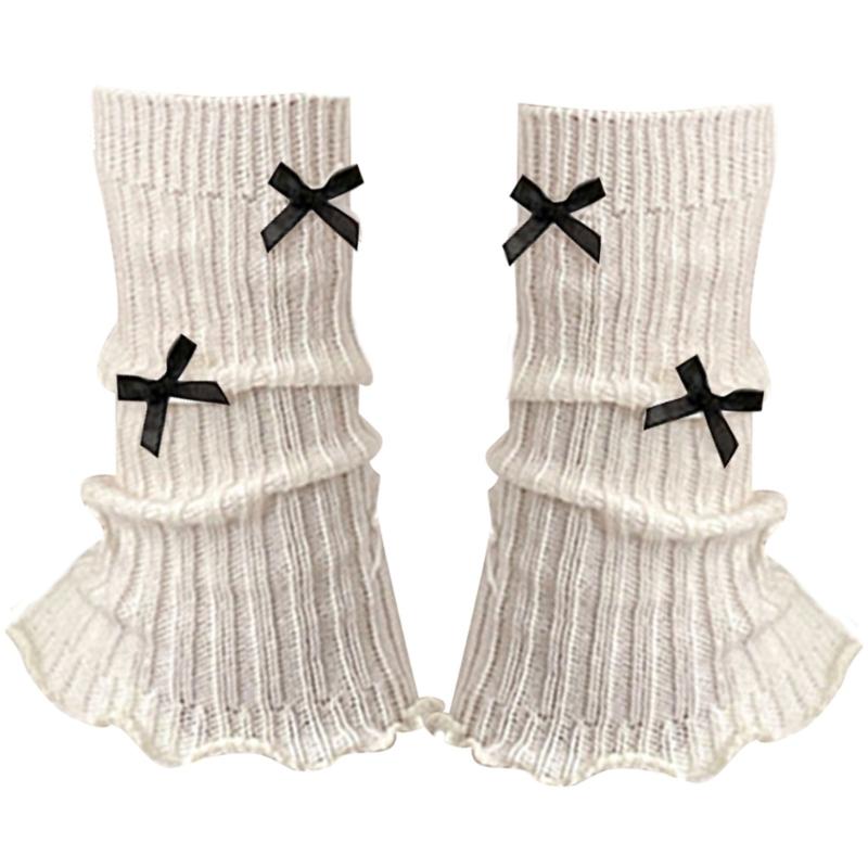 Sweet Girls Leg Warmers Women Ribbed Knit Striped Foot Cover Elegant Bowknot Ruffled Trim Boot Cuffs Footless Calf Socks