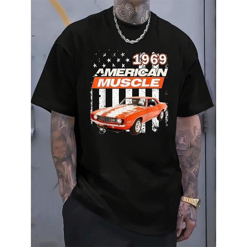 European Size 1969 American Muscle Classic Car Graphic Men'S T-Shirt - Premium Black Tee for Men, Vintage Style with Distressed USA Flag Design