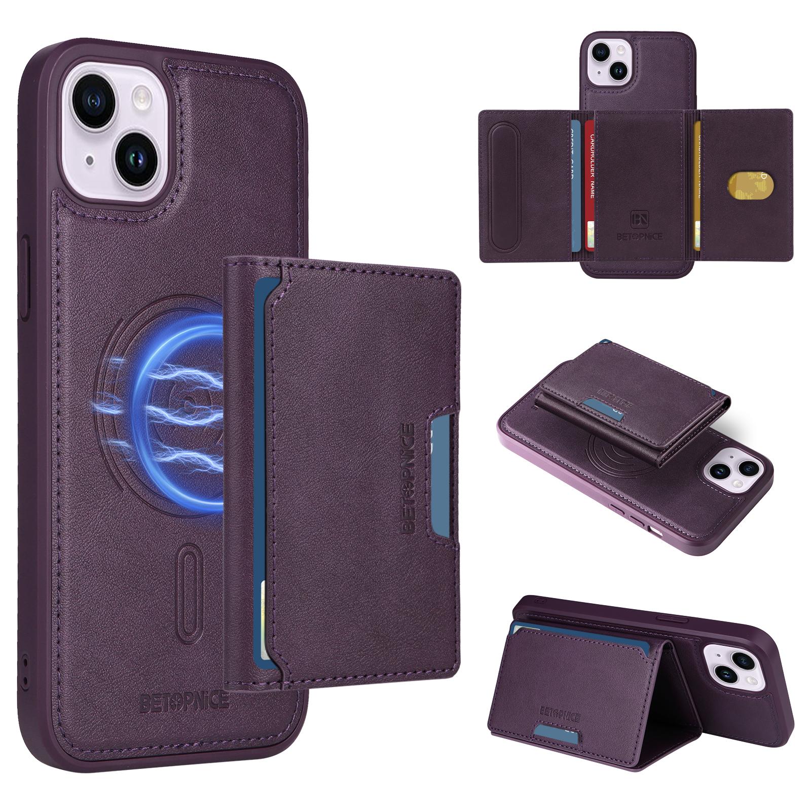 

For iPhone 14 Plus Magnetic Case BETOPNICE Leather Phone Cover Kickstand with Detachable Card Bag Purple