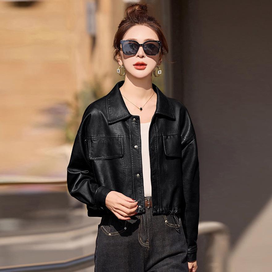 Leather Jacket Women's New Autumn Casual Soft Leather Jacket Short Loose Casual Washed Leather Motorcycle Suit