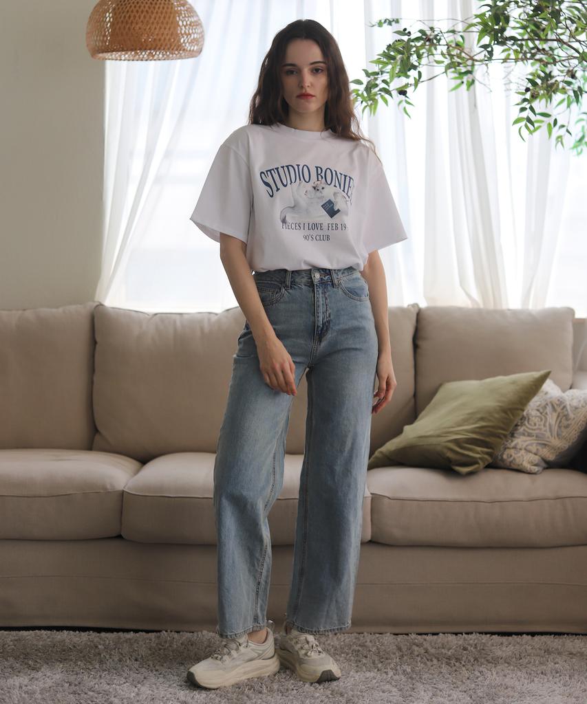 BONIEE Angel Cat Kitten Graphic Loose Oversized T-Shirt White