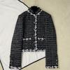 Womens 2026 Silk-Lined Short Stand Collar Jacket With Black White Sequin Trim Contrast Panel Detail