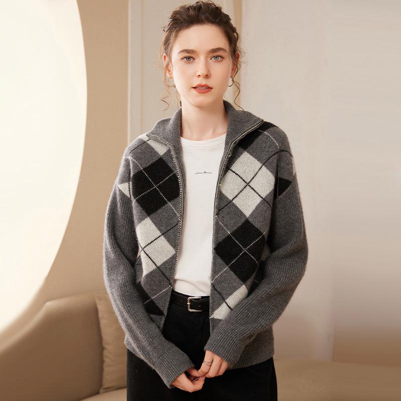 Women's Long Casual Cashmere Knit Cardigan - Diamond Zipper, Versatile, Warm, Comfortable, Soft, Loose, Thick Coat