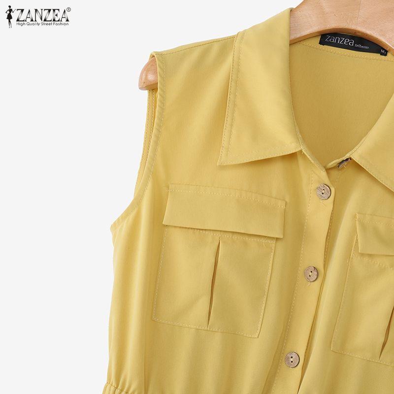 ZANZEA Women Casual Turn Down Collar Loose Sleeveless Dress