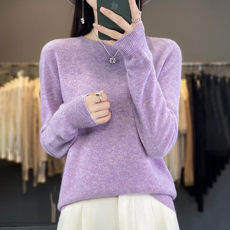 Women's 100% Pure Wool Versatile Round Neck Loose Sweater - Solid Color Knitwear