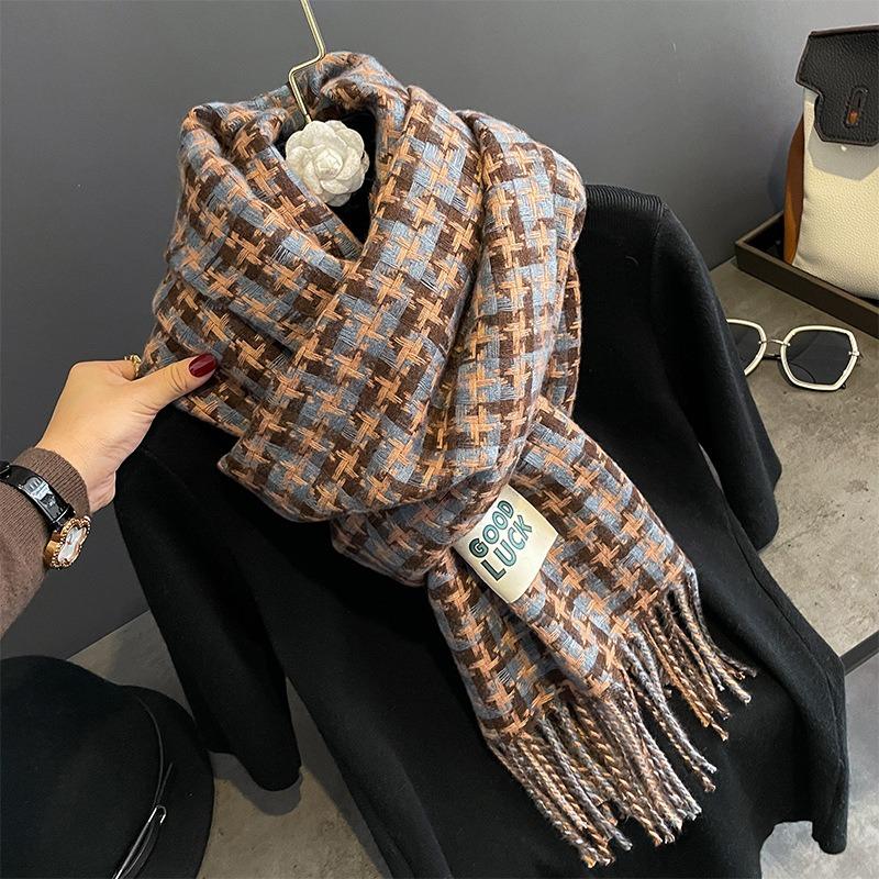 Goodluk color matching square plaid scarf women's winter shawl street contrasting tassel imitation cashmere scarf