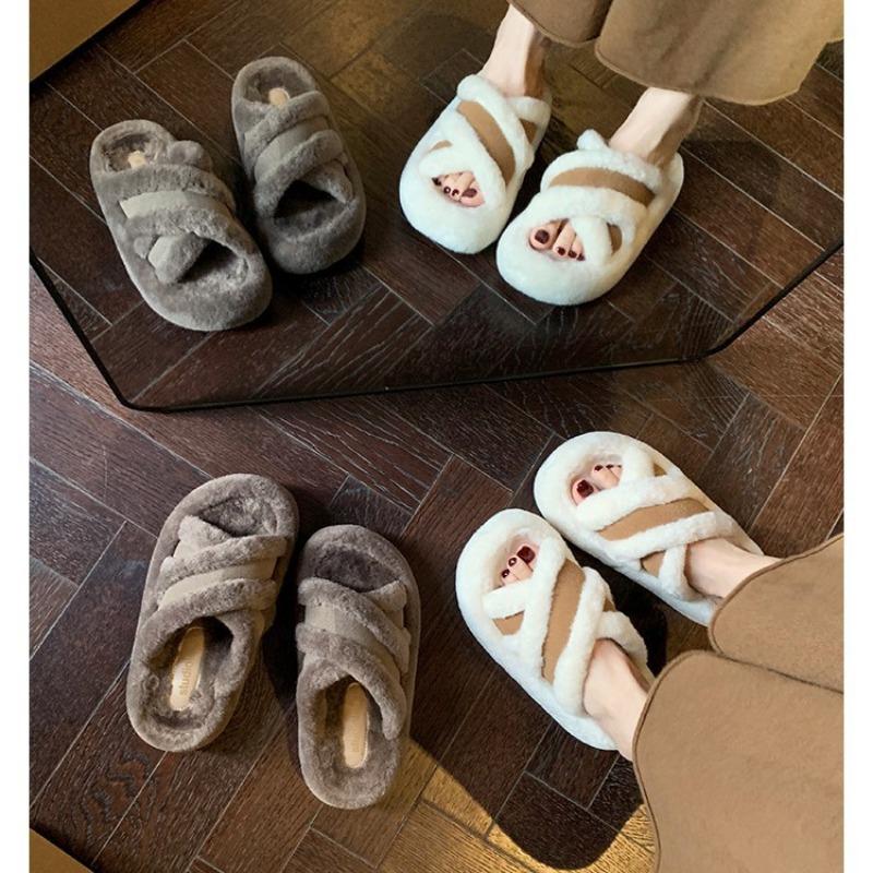 Mao Mao Cross Belt Splicing Warm Casual Style Thick-bottomed Slippers Women's New Autumn and Winter Models