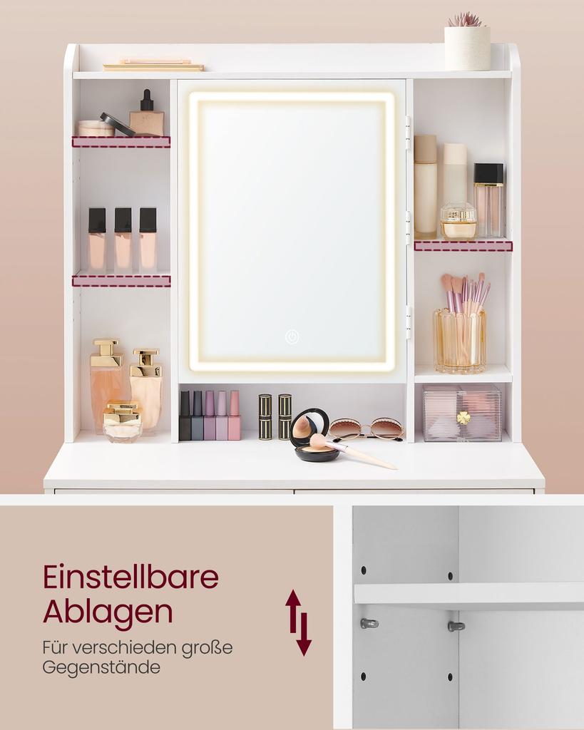 VASAGLE LED Lighting Dressing Table with Adjustable Brightness Dressing Table with Mirror Cosmetic Table with Drawers Open Compartments Adjustable